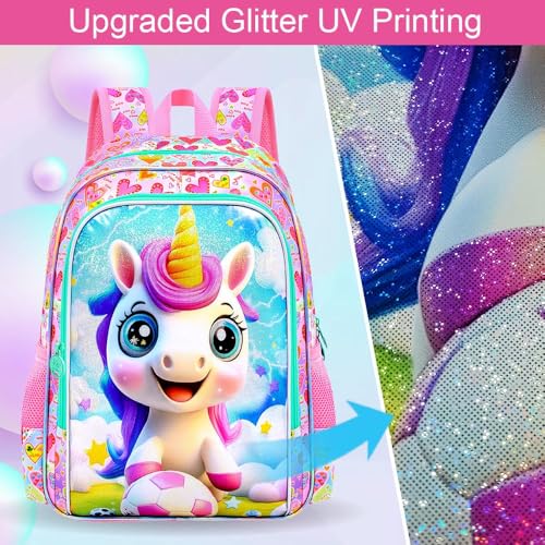 Image of 3Pcs Unicorn Backpack for Girls, 16 inch Soccer School Bookbag Set with Lunch Box,Kids Backpacks for Elementary Preschool Kindergarten (Pink)