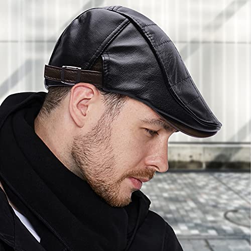 Mens Adjustable Pu Leather Ivy Cap Newsboy Hat Classic Golf Flat Cap Gatsby Driving Fishing Hat For Men Father Dad Black #TOP5