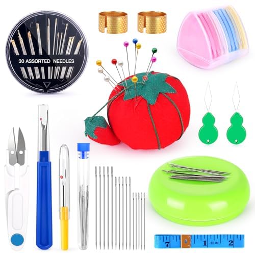 ICNOW Sewing Pin Cushion Kit, Sewing Supplies Kit w Needle Cushion, Magnetic Pin Holder, 30Pcs Sewing Needles, 15Pcs Large Eye Needles, 10Pcs Tailors Chalks, 2 Seam Rippers, Scissor and Tape Measure