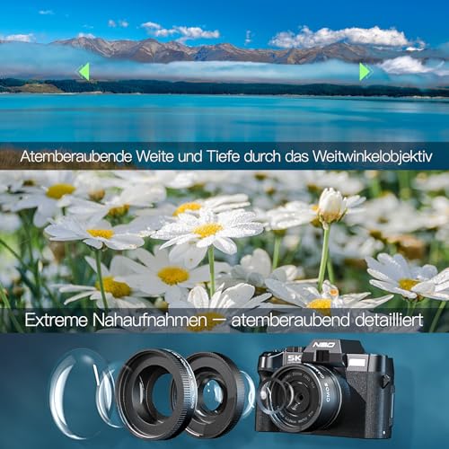 NBD-5K-Digitalkamera-64MP-mit-Autofokus-16X-Zoom-3-180-klappbarem-Display-WiFi--Inkl-WeitwinkelMakro-Linse-Mikrofon-64GB-Karte-2-Akkus-Schwarz | Dealmeister.io Alt tag für bilder post titel