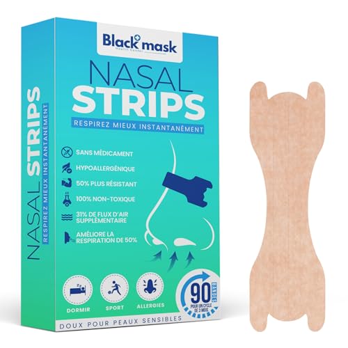BlackMask – 90 Tiras Nasales Anti Ronquidos Eficaces | Dilatador Nasal Deportivo para Mejorar la Respiración Nocturna | Solución Natural para Dormir Mejor y Reducir el Ronquido
