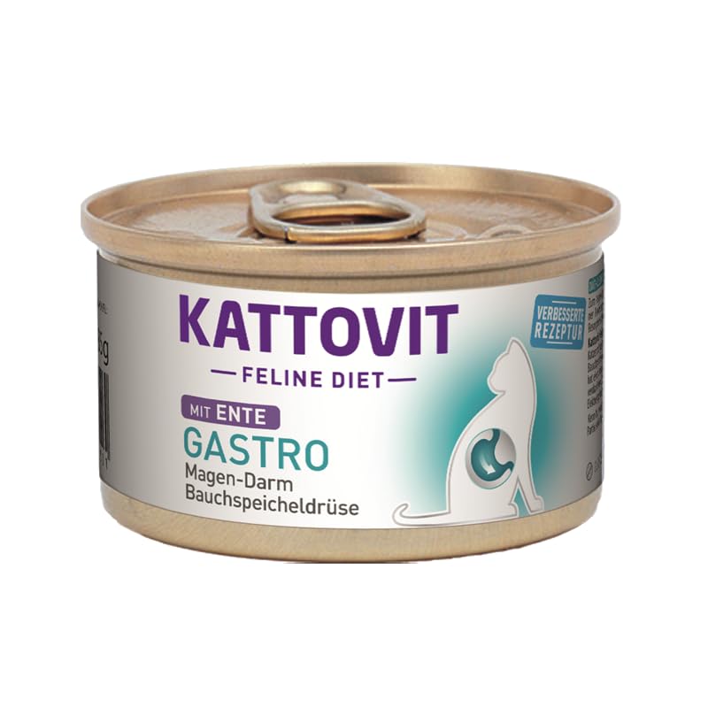 Kattovit Feline Diet Gastro | Pute & Ente 8X 85g - einzeln oder im Bundle | Magen-Darm/Bauchspeicheldrüse (i-Rezeptur) | für Katzen mit Gastro-intestinalen Problemen (8, Ente)