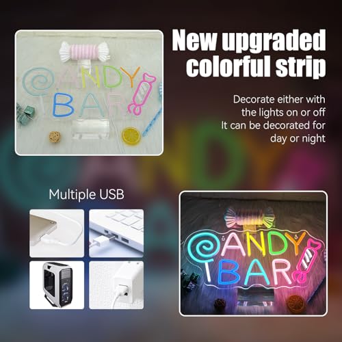 Image of ineonlife Candy Bar Neon Sign Lollipop Neon Signs For Wall Decor Candy Decor Led Lights Birthday Party Teen Bedroom Candy Shop Lollipop Store Halloween Decorations Gifts USB Powered 16.54x7.68in