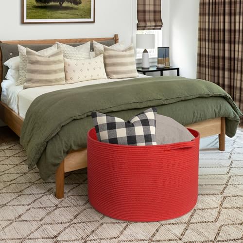 Image of MEGASKET 115L Extra Large Red Basket for Organizing, 23.6 inchx15.7 inch Jumbo Woven Cotton Rope Bins for Blankets, Baby Nursery Laundry Basket, Kids Dog Toy Storage Box, Huge Red Living Room Decor Organizer