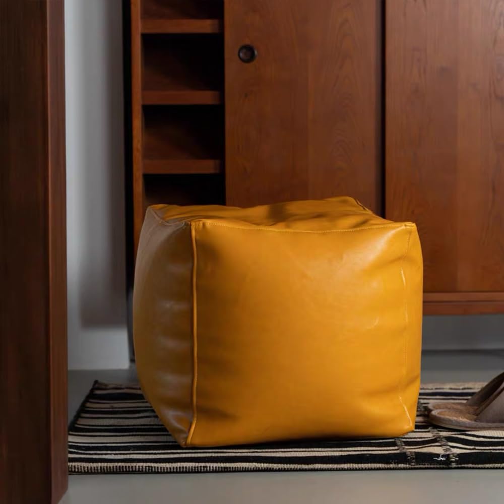 Sxbcyan Leather Yellow Moroccan Style Pu Leather Pouf No Fillings Ottoman Covers Footstool Artificial Leather Unstuffed Cushion Covers(Leather Yellow)