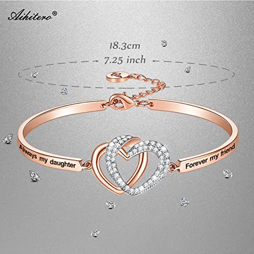 Aihitero Christmas Gifts, Always My Daughter Forever My Friend Love Heart Bangle Bracelet, Rose Gold Women Girl Jewelry, Birthday Anniversary Valentines Xmas Present From Father Dad Daddy Mother Mom #TOP3