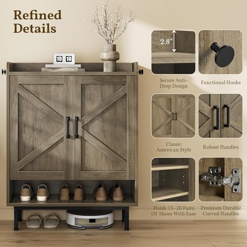 Image of Yaheetech Shoe Storage Cabinet with Doors, Farmhouse Shoe Cabinet with 2 Adjustable Shelves and 4 Side Hooks, Wooden Shoe Rack Organizer Cabinet for Entryway, Foyer, Hallway, Washed Gray