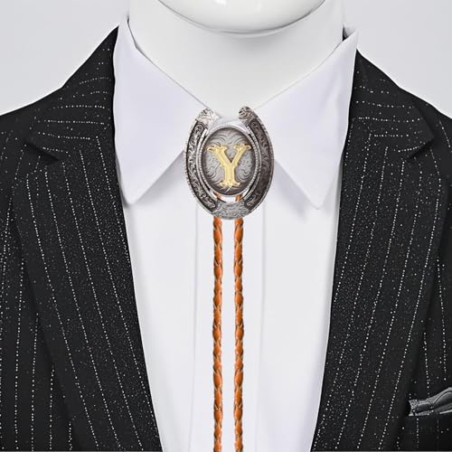 Image of Vintage Western Cowboy Monogram Initial Letter Bolo Tie for Men | Premium brown braided leather, adjustable sliding clasp, anti-tarnish alloy pendant, versatile A-Z western bolo tie