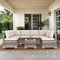 YINRUIN 7 Piece Patio Furniture Set Rattan Outdoor Furniture Set All Weather Outdoor Garden Sectional Sofa with Padded Seat Cushions and Glass Table for Gardens and Backyards