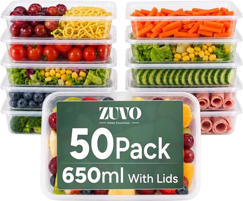 Zuvo Plastic Food Containers 650 ml with Lids 50 Pack Reusable