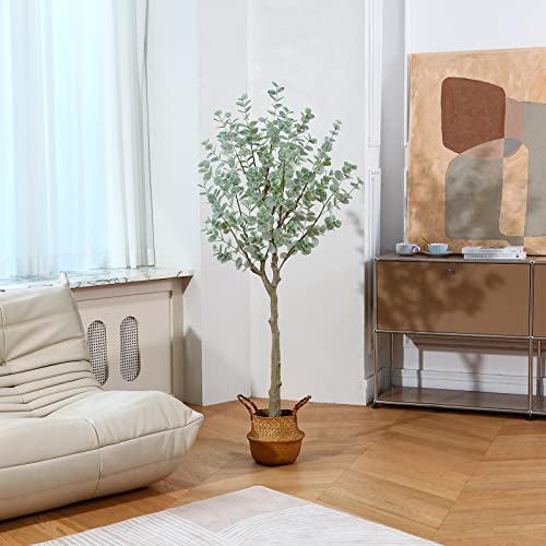 Soguyi 5Ft Artificial Eucalyptus Tree, Fake Eucalyptus Tree With White Silver Dollar Leaves, Silk Faux Eucalyptus Tree With Plastic Nursery Pot, Artificial Plants For Home Office Indoor Decor,1 Pack #TOP2