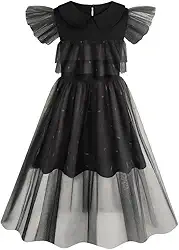 Fantasia Wandinha Addams Infantil e Juvenil Dia das Bruxas Vestido Preto Gótico com Tule e Gola Peter Pan, Estilo Família Addams para Halloween, Cosplay, Festas e Eventos Temáticos