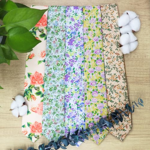 Image of Cotton Floral Ties for Men 2.76 inch Men's Skinny Tie Linen Flower Printed Neck Tie for Wedding Dating Party