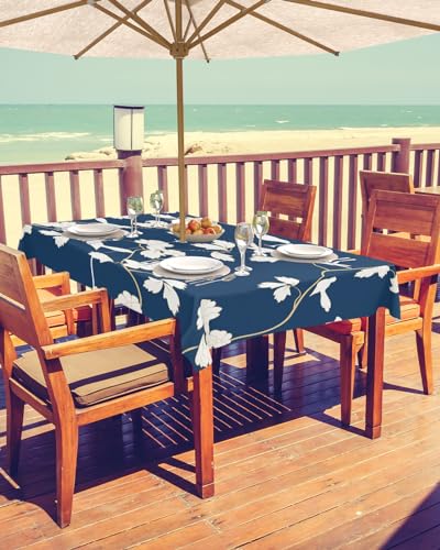 Botanical Birds Outdoor Tablecloths with Umbrella Hole and Zipper, Waterproof/Stain Resistant Rectangle Table Cloth 60x84 Patio Table Cover for Picnic/Party Vintage Navy Blue Flowers Leaves Plants