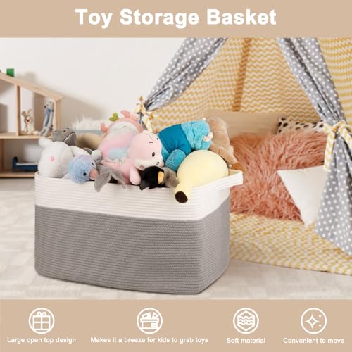 Image of OIAHOMY Extra Large Blanket Basket, 95L Cotton Rope Woven Laundry Basket, Toy Bin for Baby Room, Container for Blanket Storage in Living Room, 24''x17''x14'', Grey & White