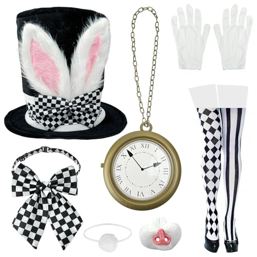 KEAGAN Juego de disfraz de conejo blanco de 7 piezas para adultos, disfraz de conejo de Pascua con sombrero de copa, reloj de gran tamaño, nariz y cola de conejo, disfraz de sombrero loco para