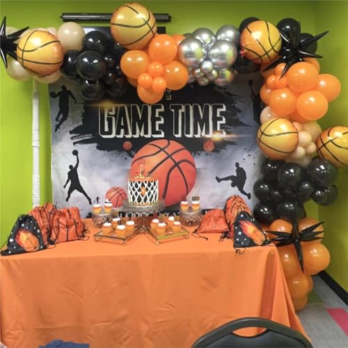 Image of Basketball Balloon Arch Kit, 111pcs Orange and Black Silver Balloons Garland Kit with Explosion Star Balloons, Sports Balloon Kit for Boys Birthday Baby Shower Sports Theme Decorations Supplies