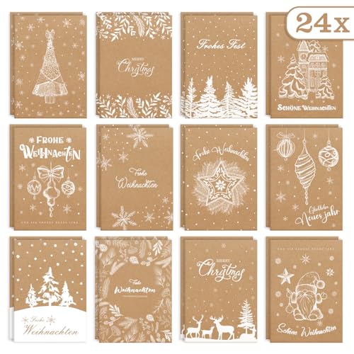 DEEPLAY Weihnachtskarten 24er Kraftpapier Weihnachtskarten Set mit Umschlägen & Aufklebern, Elegante Gefaltete...