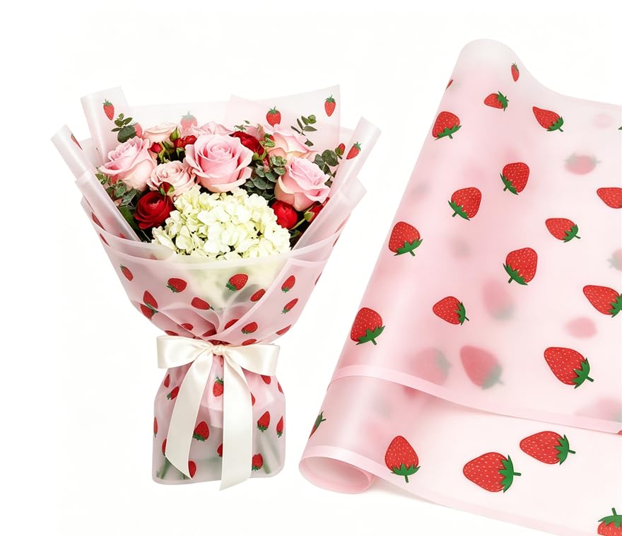 Pink Strawberry Floral Wrapping Paper 20 Sheets Waterproof Bouquet Wrap