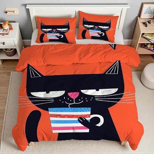 Housse de couette 220x240 chat noir avec 2 taies d'oreiller microfibre douce - 3