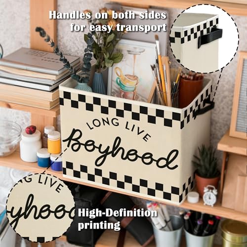 Image of Black and White Checkered Long Live Boyhood Boys Storage Bins Box with Handles, Collapsible Basket Organizer for Kids Teen Boy Nursery Room Bedroom Bathroom Playroom Books Clothes