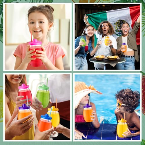 Wonderjune 12 Pcs Mexican Mini Plastic Barrel 32oz Vitroleros Cups with Straw and Lid Mexican Jars in Assorted Colors for BBQ Party Fiesta Party Decorations by Wonderjune - Used condition - Image 5