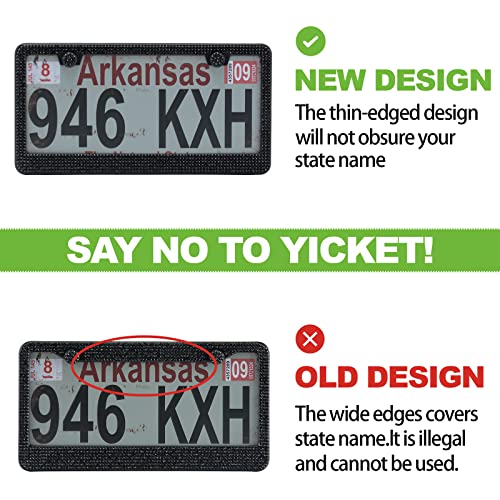 Yunh Bling License Plate Frame For Women,2 Pack Premium Stainless Steel Rhinestone License Plate Holder,Handmade Glitter Crystal Diamond Lincense Plate Cover For Girl,Bedazzled Sparkly (Black) #TOP5