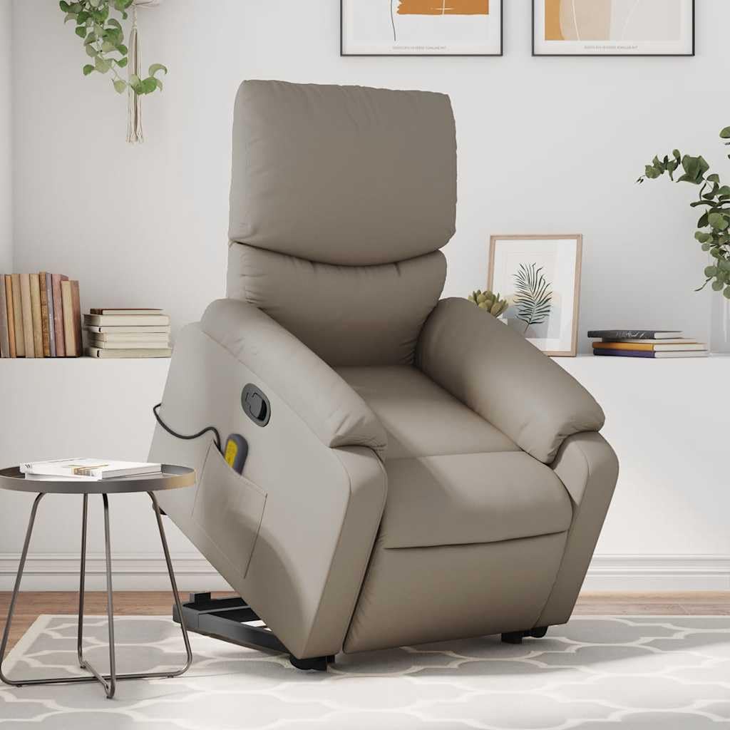 Sillón elevador reclinable de piel sintética de capuchino con 6 puntos de vibración y marco estable, función de elevación eléctrica y reclinación manual a 135 grados