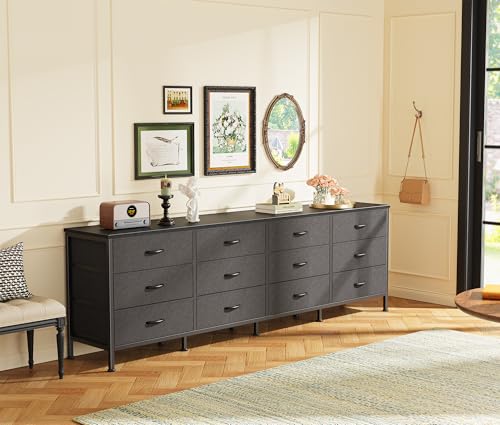 Huuger 70 Inch Black Dresser for Bedroom, TV Stand for 65, 75, 80 Inch TV, 12 Fabric Drawer Long Dresser, Wide Chest of Drawer, Storage Units for Living Room