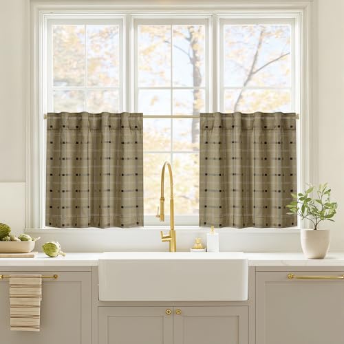 NICETOWN Farmhouse Kitchen Bathroom Tier Buffalo Plaid 100% Blackout Curtains, Rod Pocket Back Tab with Thermal Insulated, 26" W X 24" L, 2 Panels, Bu