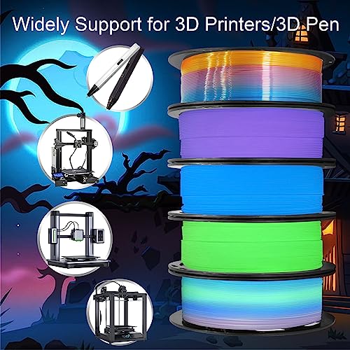 Image of 1.75mm PLA 3D Printer Filament Bundle: Glow in Dark Green /Blue /Purple /Rainbow, One Spool Clear Multi Colored, Each Spool 250g, Total 1.25Kg 3D Printing Material, 250g x 5 Spools Glow in Dark PLA