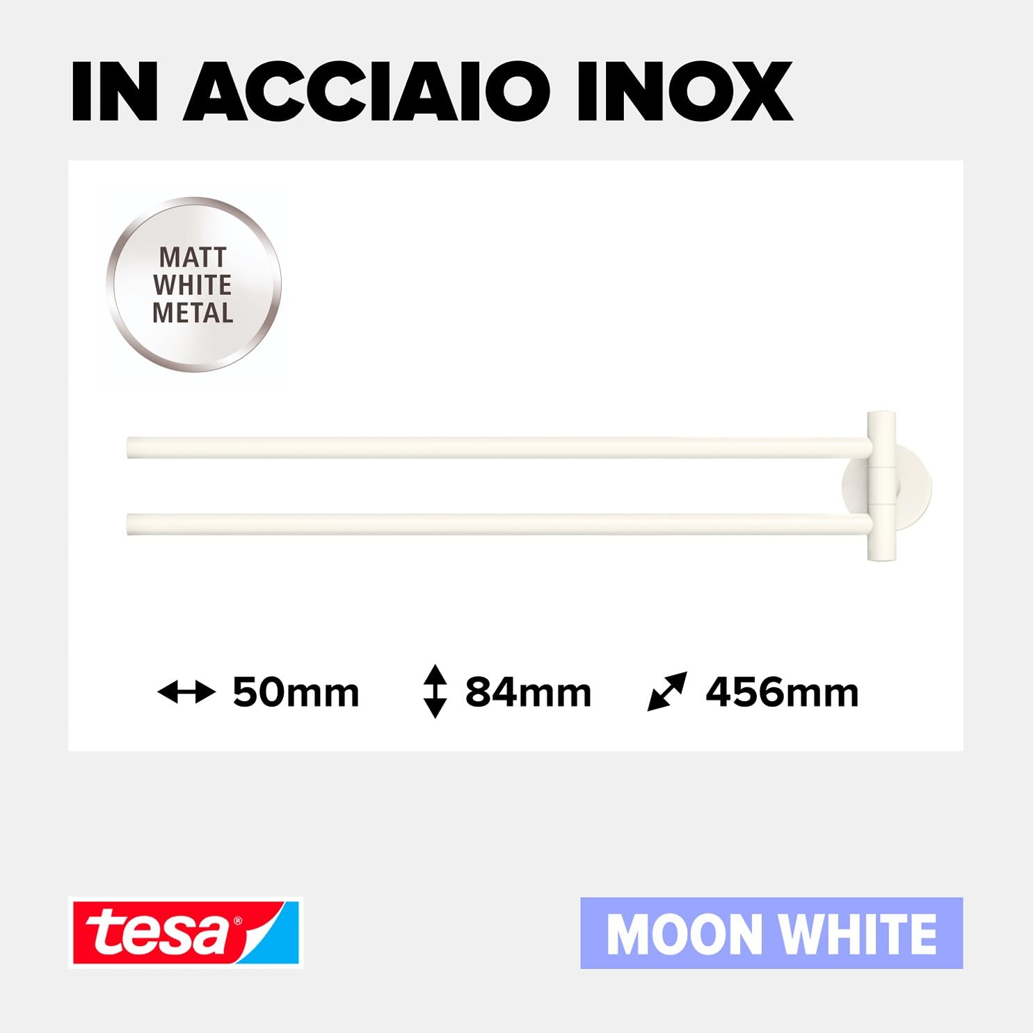 tesa® MOON WHITE Portasciugamani a 2 Bracci per bagno e WC in stile industriale e bagni moderni - Senza foratura, soluzione adesiva inclusa - 84 mm x 50 mm x 456 mm - Bianco opaco