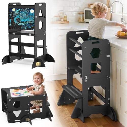 Image of Toddler Standing Tower Anti-Tip Wooden Kitchen Step Stool，Black