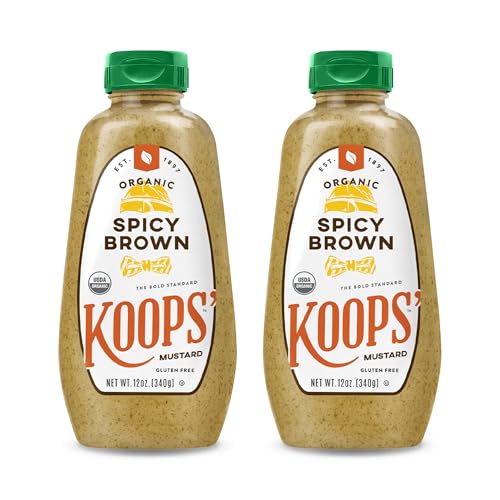 Image of Koops' Organic Spicy Brown Mustard - Bold and Brown Mustard Sauce, Gluten-Free, Kosher, USDA Certified Organic, Made in USA, From Quality Mustard Seeds - 12 Oz, Pack of 2