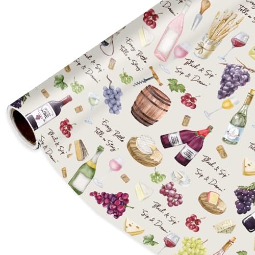 Wine Wrapping Paper Roll - 17Inch x 16.4Feet - Elegant Champagne & Wine Glass Grape Watercolor Design Gift Wrap for Party Favors Anniversary Wedding Celebration