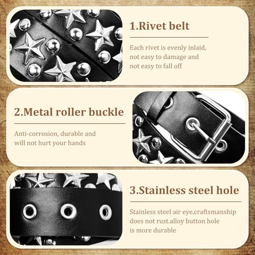 2 Pcs Black Studded Belt PU Leather Y2K Star Belt Gothic Punk Rock Belts Double Metal Grommets for Women Men4