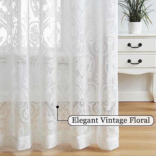 Image of Treatmentex Damask Lace Sheer Curtains White Vintage Light Filtering Curtains for Bedroom, Elegant Victorian Floral Lace Sheer Curtains 54 x 63 Inch, 2 Panels