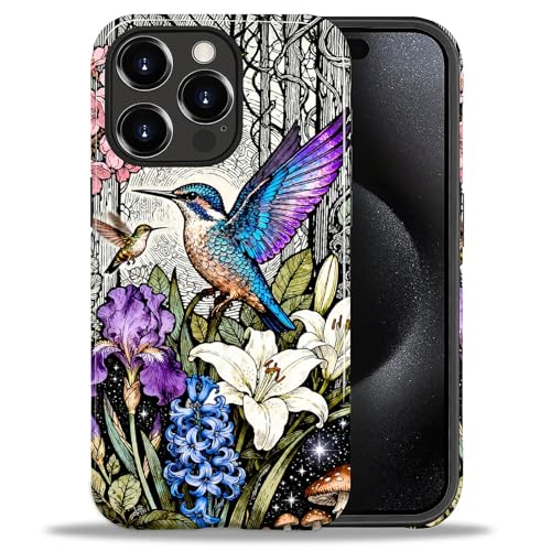 Goodsprout for iPhone 13 Pro Case,Hybrid 2-Layer Hard Shell + Silicone Protective Case -Resistant Shockproof- Colorful Hummingbirds are Among The Flowers