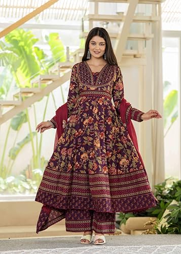 Image of Pistaa's Women's Pure Cotton Anarkali Floral Printed Kurta with Palazzo & Dupatta Set