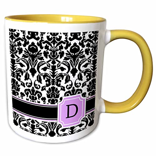 3dRose Initial D Monogram Pink Black White Damask 15oz Two-Tone Yellow Mug