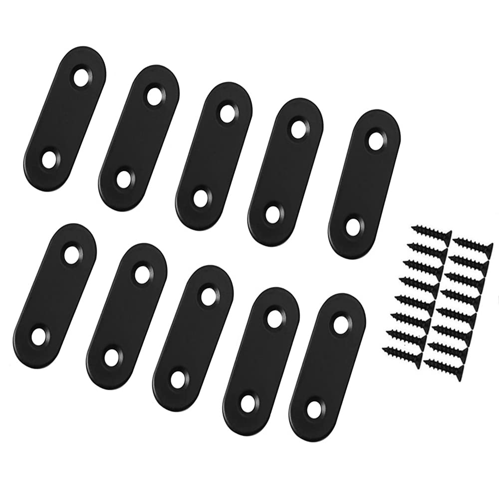 GFORTUN 10PCS Black Flat Mending Plates Straight Repair Joining Bracket Stainless Steel Fixing Corner Brace with Screws (40mm X16mmX 2mm)