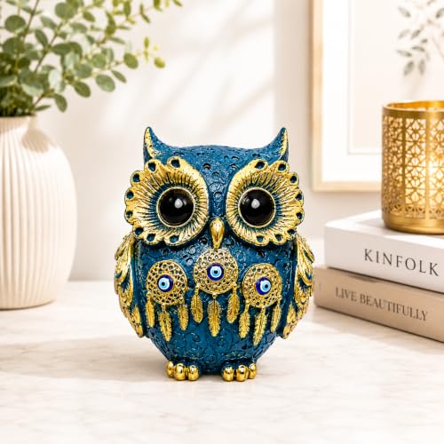 VEROFIVE Decorative Owl Showpiece for Home Decor | Premium Resin Owl Statue with Gold Detailing | Lucky Owl Figurine for Living Room, Office & Gift | Elegant Tabletop Decoration (Blue)