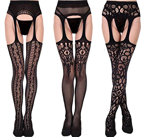 The victory of cupid Womens Fishnet Tights Suspender Pantyhose Thigh-High Stockings Black Waisted Pantyhose (one Size, 3-Pairs-03)
