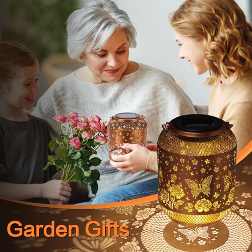 Butterfly Solar Lanterns Outdoor Waterproof Rose Garden Decor Gifts for Women Mom Grandma Hanging Solar Lights Metal Solar Decoration Outside for Yard, Patio, Backyard, Porch