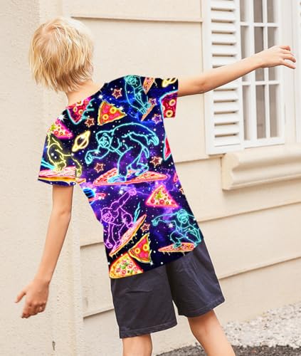 Image of uideazone Neon Space Tshirts for Boys Kids 10T Summer Short Sleeve T-Shirt 3D Print Pizza Gprillas Graphic Tee Shirts 9-12 Years