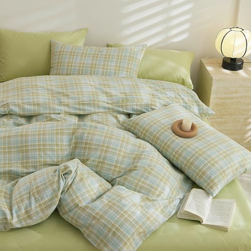 Image of EAVD Gingham Duvet Cover Full Multicolor Soft Washed Cotton Reversible Grid Plaid Duvet Cover Set with 2 Pillowcases Modern Farmhouse Gingham Bedding Set with Zipper Closure