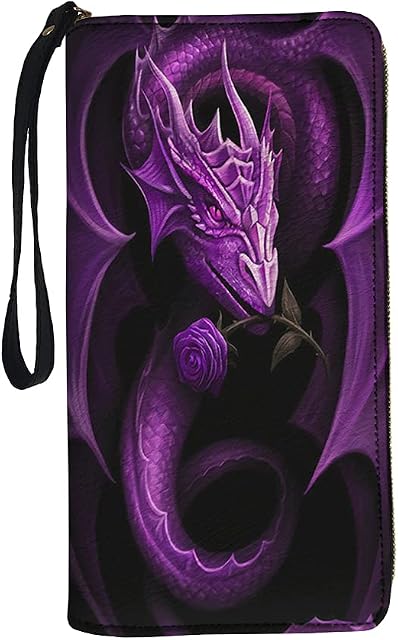 Jeiento Leather Wallets with Purple Dragon Print Long Style Puse Clutch Bag for Lady Girls Outdoor Money Clip Phone Card Holder Zip Around
