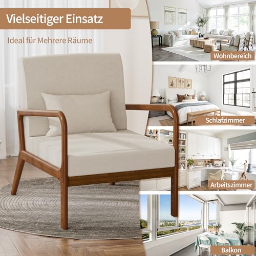 FiveWillowise Gepolsterter Sessel mit Armlehnen, Loungesessel mit Massivholzrahmen Relaxsessel für Wohnzimmer Schlafzimmer, Stoff Lehnsessel mit Lendenkissen, Ohrensessel, Polsterstuhl, Beige