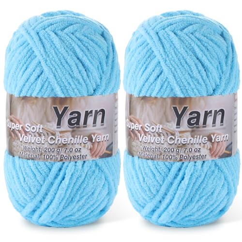 Image of 2 * 200g /7oz Chunky Chenille Yarn for Baby Blanket Yarn for Crocheting - Super Soft Chenille Plush Yarn - Bulk Thick Yarns Used for Making Scarves, Blankets, DIY Craft (Lake Blue)