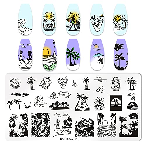 Nsshel 4 Pcs Summer Nail Stamp Template Kit With 1 Stamper 1 Scraper Nail Stamping Plates Dolphin Starfish Coconut Leaf Nail Art Templates Nail Stamper Stencil Plates Set Manicure Nail Supplies #TOP2